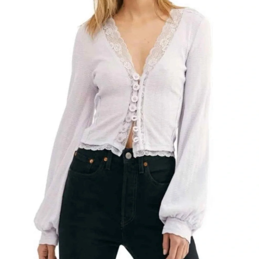 Free People Run With Me Button Top Cardigan Lace Trim Indie Lilac V-neck Medium